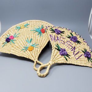 2 Vtg 1985 Nassau Woven Bamboo Decorated Fans